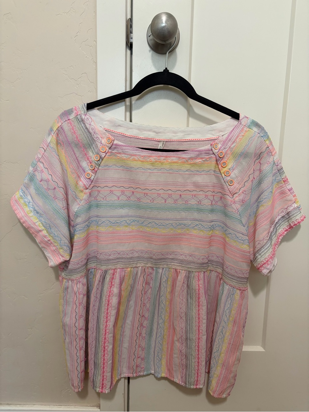 Anthropologie Letty Embroidered Neon Babydoll Top Size S